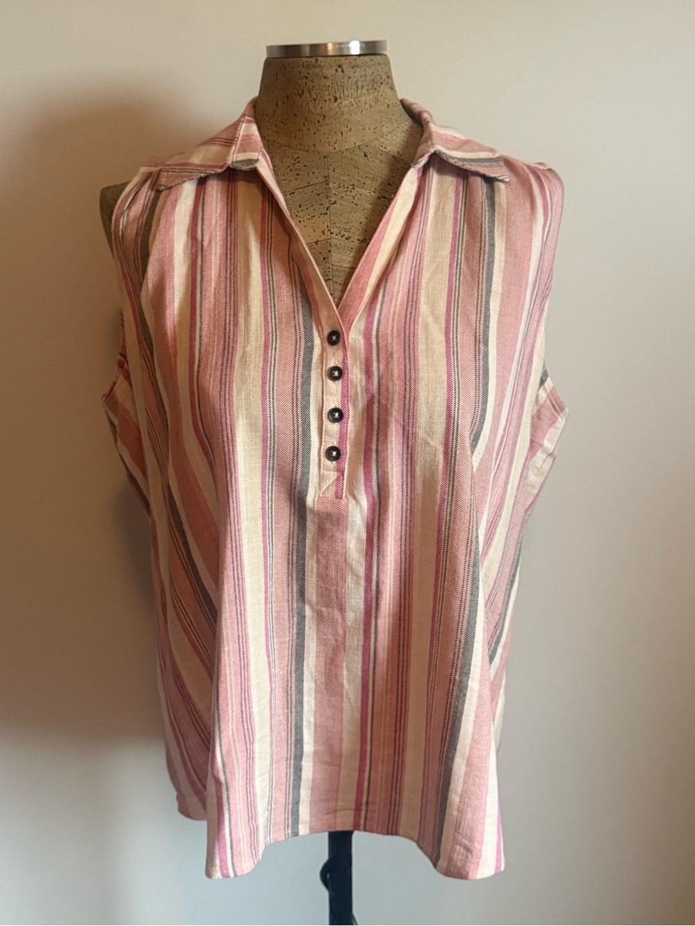 Maurices Pink and Cream Striped Sleeveless Henley Blouse